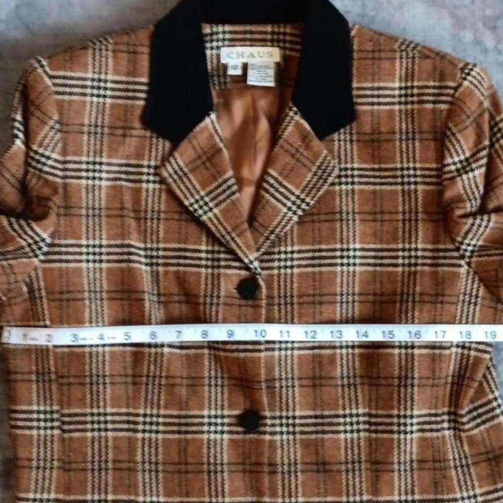 Cottagecore 100% Lambswool Plaid Jacket Vintage Button Coat Black Brown Academia - Picture 5 of 8